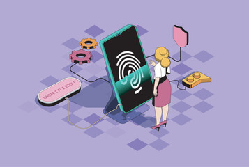 Poster - Biometric control web concept in 3d isometric graphic design. Isometry people scene with woman using secure access to mobile phone with id verification and fingerprint scanning. Vector illustration.