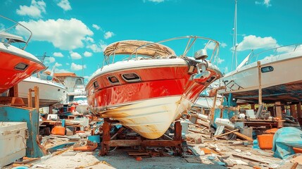 Poster - Stripped Speedboats in Boatyard, abandoned vessels await restoration, minimalist surroundings highlight their bare frames, inviting imagination of potential journeys.