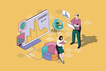Poster - Business statistics web concept in 3d isometric graphic design. Isometry people scene with team analyzing stock market on diagrams, researching charts and graphs at screens. Vector illustration.