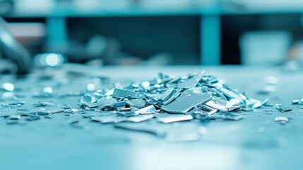 Poster - Scattered Dashboard Fragments, a mechanic's worktable covered with broken dashboard pieces, minimalist and clean setting highlighting the disarray of vehicle parts.