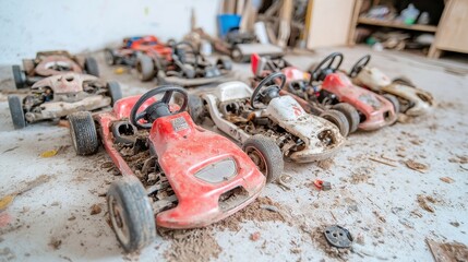 Poster - Deconstructed go-karts in a tidy garage, engines exposed for repair, surrounded by a minimalist environment that emphasizes organization and potential for innovation.