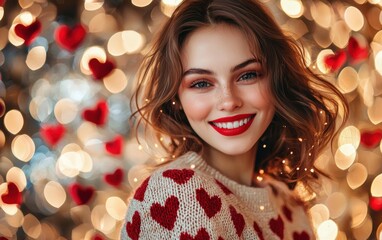 Wall Mural - Playful woman with bright red lipstick and a charming smile, dressed in a cozy sweater with heart patterns, posing in front of a festive Valentines Day scene with twinkling lights and rose petals