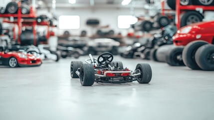 Poster - Deconstructed go-karts in a garage, tiny engines arranged for repair, minimalist environment, open space, tools at hand, an atmosphere of mechanical creativity and exploration.