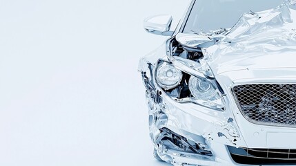 Poster - Disassembled Luxury Car in Minimalist Setting, showcasing a luxury vehicle with missing headlights and a partially torn-off bumper, set against a clean, empty background.