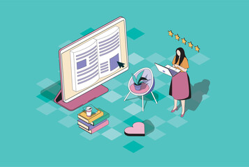Fototapete - Online reading web concept in 3d isometric graphic design. Isometry people scene with woman reading e-book or textbook at laptop, buying electronic literature at online bookstore. Vector illustration.