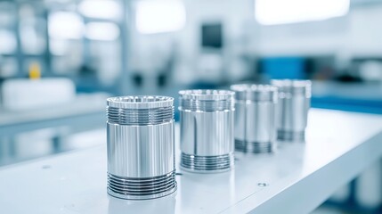 Poster - Engine pistons displayed on a workbench, highlighting precision engineering, minimalist aesthetics, organized layout, and an uncluttered environment for enhanced focus.
