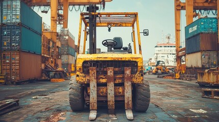 Poster - Abandoned Forklift in Shipping Yard, a rusting machine stands forlornly without its forks, surrounded by an expansive, minimalist space, evoking a sense of neglect and time passing.