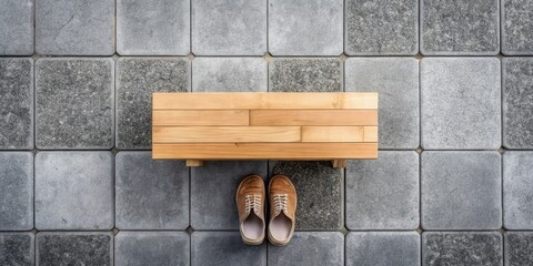 Poster - Overhead View of Wooden Bench and Shoes on Stone Pavement