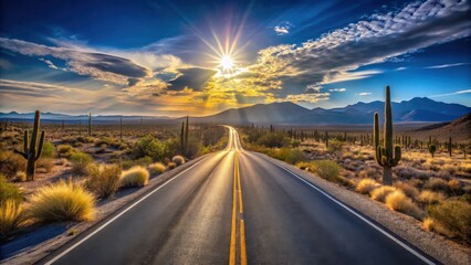 Poster - Asphalt road cutting through a desert landscape at sunset, with majestic mountains in the background and tall cacti lining the roadside.