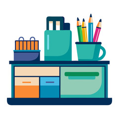 Poster - A vibrant desk organizer displays an assortment of stationery tools including colored pencils, pens, and drawers. It is set against a white background, emphasizing its neat design