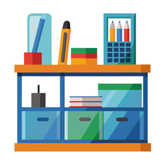 Poster - This desk organizer features various writing tools, storage boxes, and books neatly arranged on shelves against a pristine white background, showcasing an organized workspace