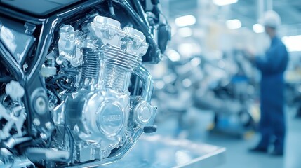 Poster - Motorcycle Engine Halves on Metal Workbench, showcasing intricate internal components, technical complexity, minimalist background, clean setting, ample free space