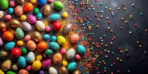 Poster - A vibrant collection of colorful decorated eggs and assorted candies arranged on a dark surface.