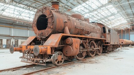Poster - Stripped Train Engine Framework, an exposed steel structure in a minimalist setting, highlighting its awaiting restoration, surrounded by clean lines and open space.