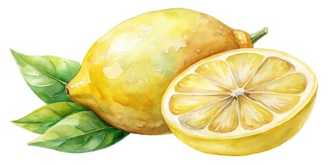 Aufkleber - A vibrant watercolor painting of a whole lemon and a halved lemon, accompanied by lush green leaves.