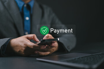Poster - Mobile Payment Security Protection. Businessman using a smartphone for secure online payment, featuring a payment confirmation icon. Safe online transactions and digital financial protection.