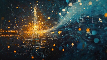 Poster - A miniature oil painting depicting a digital technology background with glowing data stream