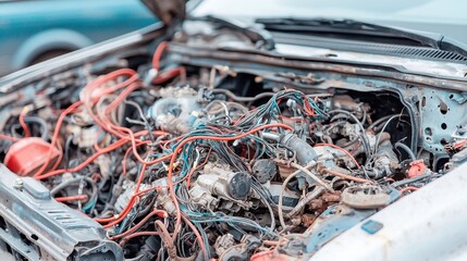 Poster - Weathered pickup truck with hood removed, tangled wires and engine parts exposed, showcasing a work-in-progress in a minimalist setting with ample free space.