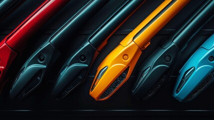 Poster - Detached Windshield Wipers Displayed in Rows, showcasing a variety of car models, set against a minimalist background, emphasizing clean lines and organized simplicity
