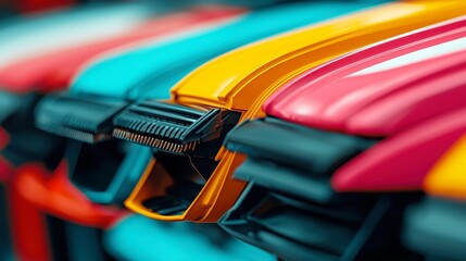 Poster - Detached windshield wipers from diverse cars, neatly aligned in rows, minimalist backdrop, emphasizing simplicity and organized design in an uncluttered environment.