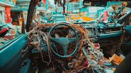 Poster - Stripped Car Interior, exposed wires from the dashboard, minimalist design, clean space, highlighting the essence of an unfinished vehicle, inviting exploration of its raw components