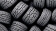© Cdel - Mismatched Car Tires on Cracked Pavement, a striking display of aged wear and contrasting patterns, set against a minimalist backdrop emphasizing their rugged textures and shapes