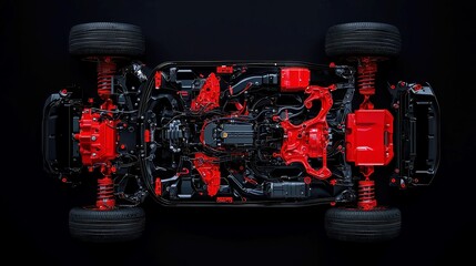 Poster - Exposed Undercarriage of a Car Featuring Suspension and Drivetrain Details, Set Against a Minimalist Background in a Clean and Simple Environment, Emphasizing Structural Elements