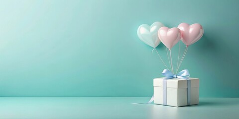 Poster - Pastel Heart Balloons Float Above a Gift Box on a Mint Background