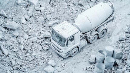 Poster - Abandoned Construction Site, a derelict area featuring scattered truck parts, broken concrete mixers, and empty fuel barrels set against a minimalist backdrop with open space.