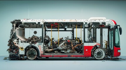 Poster - Disassembled City Bus Engine Reveal, an urban scene showcasing a stripped-down bus with open panels exposing its engine, set against a minimalist backdrop emphasizing its intricate mechanics.