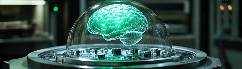 Poster - Fusion of big data and AI, glowing human brain emerging from a hightech processor, representing the evolution of data technology and machine learning capabilities