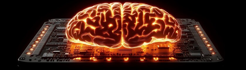Poster - Human brain illuminated from within a glowing processor, symbolizing the intersection of big data and artificial intelligence, showcasing the evolution of datadriven technology