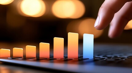 Poster - Close up of a finger interacting with a glowing bar graph on a laptop, depicting growth and progress. Warm toned lighting with a blurred bokeh