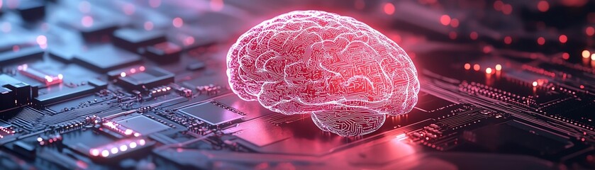 Poster - Illustration of big data and AI, human brain glowing from a processor, representing the convergence of human intellect and machine learning technology, evolution of data science