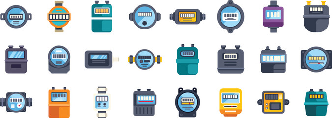 Poster - set of colorful gas meter icons representing various designs and functionalities for tracking and mo