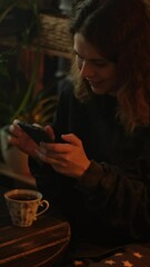 Poster - Vertical video. Woman using smartphone during tea break in living room. Person enjoying free time at home, drinking tea.