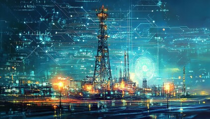 Poster - A miniature oil painting depicting a digital technology background with glowing data streams