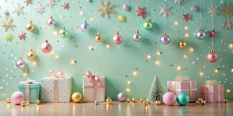 Aufkleber - Pastel Christmas scene with ornaments, gifts, and festive lights