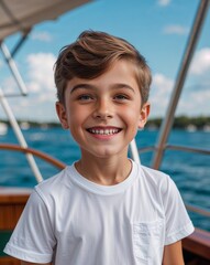 Wall Mural - Summer portrait Caucasian boy cheerful short brown hair white t shirt on boat background