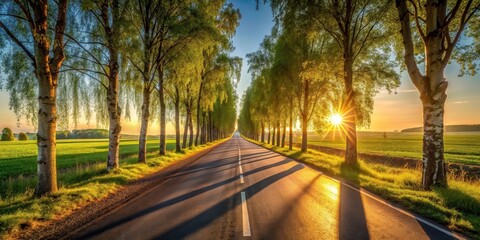 Aufkleber - Asphalt road lined with trees at sunset, shadows stretching long across the path