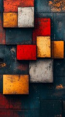 Poster - Abstract geometric art with textured blocks in red, orange, and gray tones.