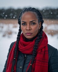 Wall Mural - Winter portrait mature black African woman serious braided hair red scarf snowy field background