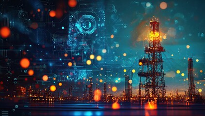 Poster - A miniature oil painting depicting a digital technology background with glowing data streams