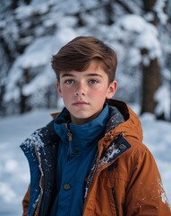 Wall Mural - Winter portrait teen Caucasian boy focused short brown hair blue jacket snow covered trees background