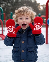 Wall Mural - Winter portrait toddler Caucasian boy excited curly blond hair red mittens snow covered playground background