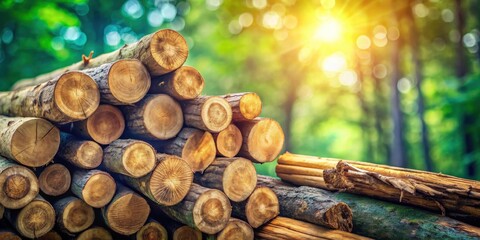 Poster - Sunlit Stack of Timber Logs in a Lush Forest Setting
