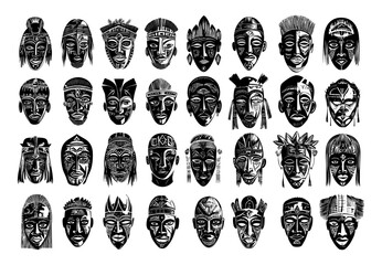 Wall Mural - african masks black ink sketch vector set. woman man face totem tribal ethnic cult accessories, feti