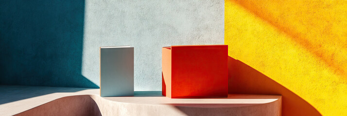 Poster - Light-Blue Book, Orange Cube, and Multicolored Walls