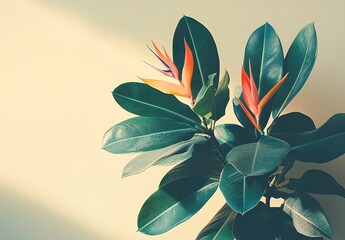 Poster - Vibrant bird of paradise flowers with dark green leaves, illuminated by sunlight against a soft beige background. A tranquil and serene image of