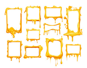 Poster - cheese melting frames cartoon vector set. yellow cheddar parmesan leaking squares, fusing molting em